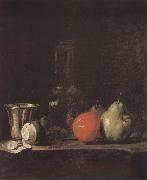 Jean Baptiste Simeon Chardin Silver wine bottle lemon apple pear oil painting artist
